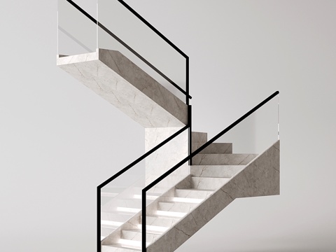  现代转折楼梯 剪刀楼梯 室内大理石楼梯 玻璃su模型 