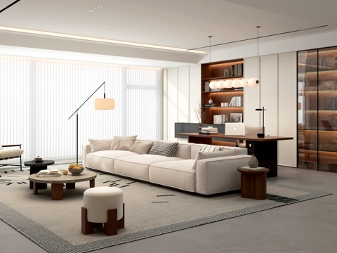  现代中古家具客厅 无主灯客厅 横厅客厅书房 中古风书柜3d模型 