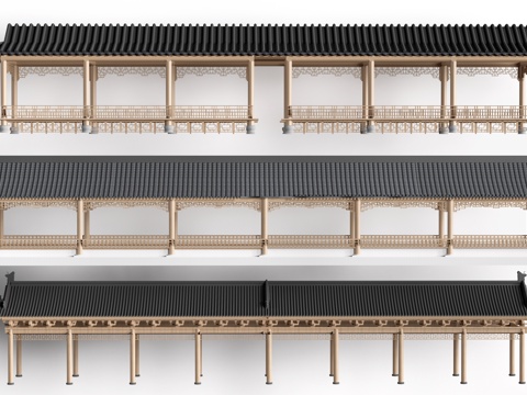 中式长廊 中式廊架 中式连廊su模型su模型