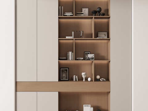 现代书柜 储物柜 背景柜 书籍摆件组合 装饰柜su模型