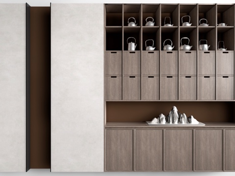  新中式装饰柜 新中式置物架 书架 茶具架su模型 