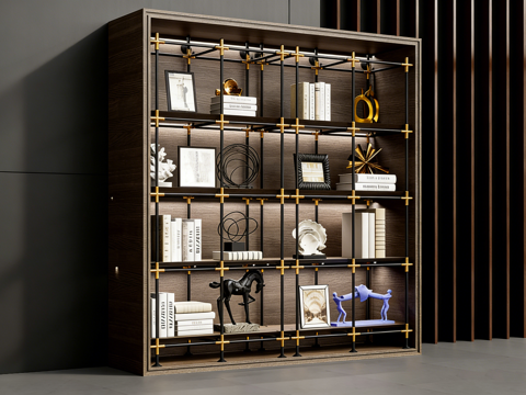  现代轻奢黑色金属网格框架书架 深木色 带金色连接件 样板间客su模型 