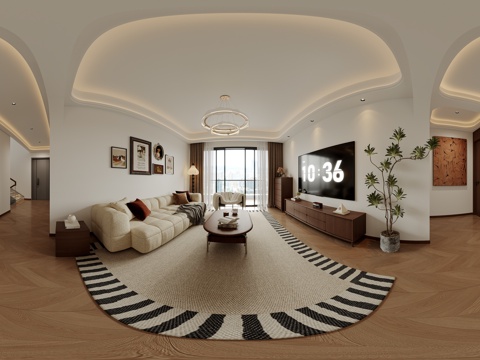  中古风客餐厅全景 客厅 餐厅 挂画 吊灯 装饰柜 