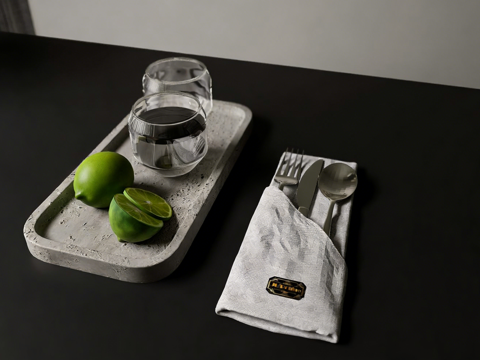 现代简约餐桌静物组合 布艺餐巾包刀叉勺 西餐摆拍道具 含餐具su模型