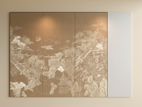 新中式床头背景墙 宋氏卧室背景墙 包间床头背景su模型