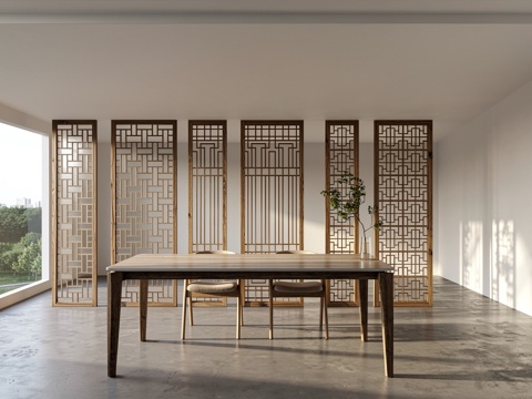 新中式屏风餐桌椅组合su模型