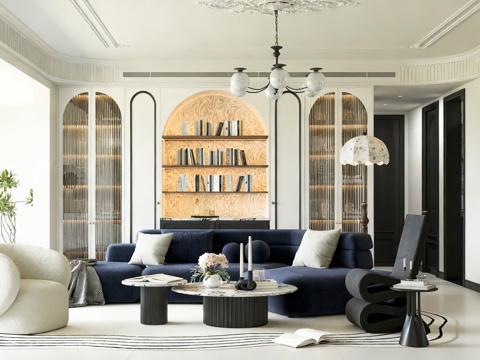  法式客厅 大平层客厅 沙发茶几组合 休闲椅 边柜 落地灯 吊3d模型 