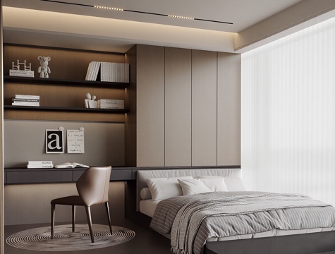  现代意式榻榻米卧室 单椅 笔记本电脑 电脑 书柜 吊柜3d模型3d模型 