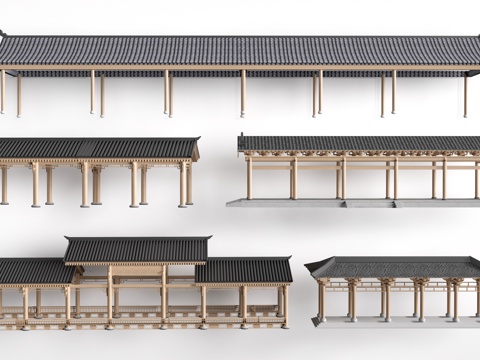 中式长廊 中式廊架 中式连廊su模型