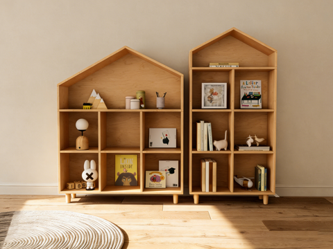  北欧原木色小屋创意置物架 儿童房玩具书籍收纳 多层格子架 飞su模型 