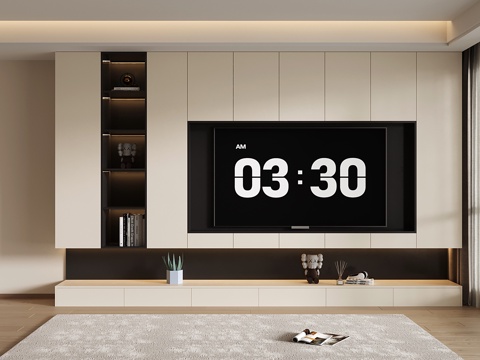 奶油风电视背景墙 电视背景柜 定制满墙电视柜 电视柜收纳储物su模型