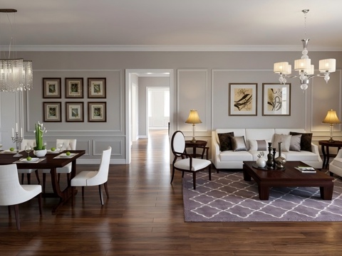 美式客餐厅 背景墙su模型