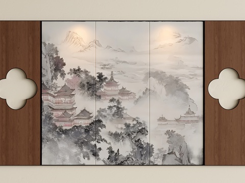 新中式沙发背景墙 楼阁故宫壁画背景墙 护墙板背景墙su模型
