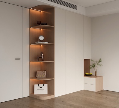  现代衣柜 平开门衣柜 圆弧开放格衣柜 衣柜床头柜一体su模型 