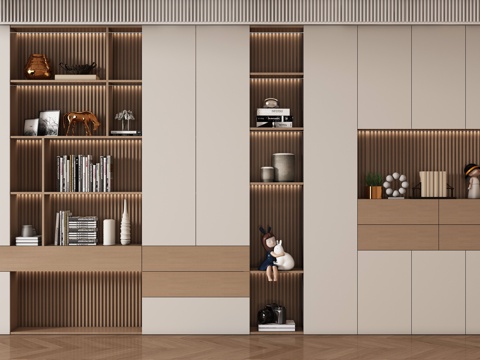 现代书柜 储物柜 背景柜 书籍摆件组合 装饰柜su模型