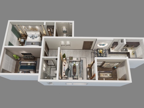  新中式家装样板间鸟瞰图3d模型 