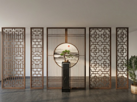  新中式屏风花格隔断端景su模型 