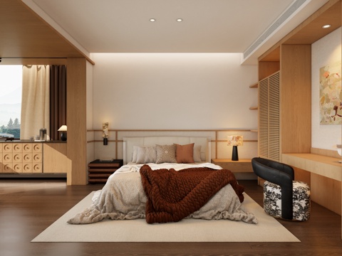 现代 侘寂风 家居卧室su模型