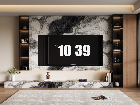 意式电视背景墙 大理石背景墙 现代电视背景柜 开放格收纳储物su模型