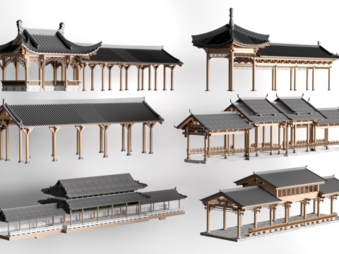 中式长廊 中式廊架 中式连廊su模型