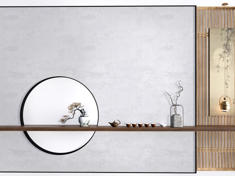 新中式隔断墙 玄关墙 办公室景墙su模型su模型