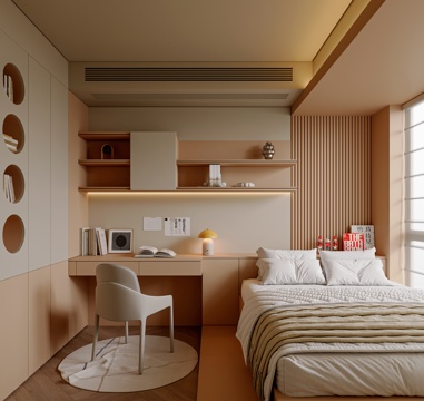  现代奶油风榻榻米 儿童榻榻米 榻榻米卧室 书椅 衣柜 次卧3d模型 