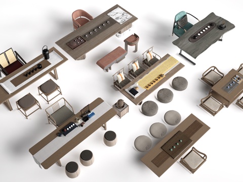 中式茶桌椅 榻榻米茶桌 茶台桌椅su模型