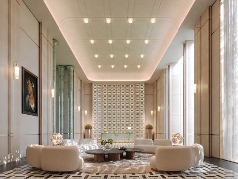 现代轻奢酒店大堂大厅 圆形沙发组合3d模型