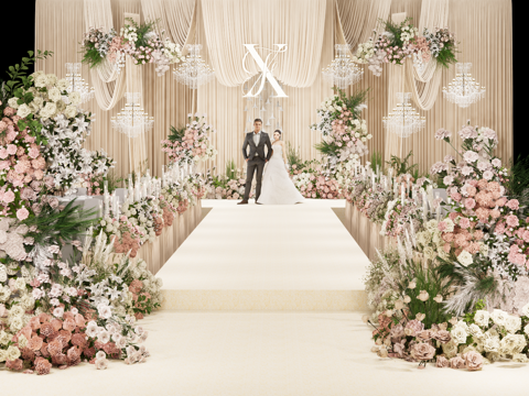 香槟粉布幔造型婚礼美陈花艺su模型