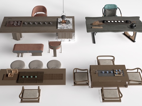 中式茶桌椅 榻榻米茶桌 茶台桌椅su模型