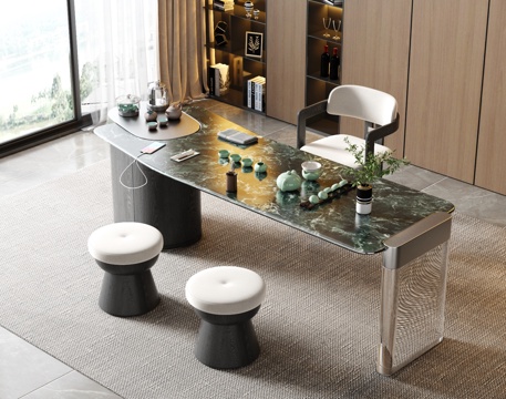  现代轻奢茶桌椅 奢石茶桌 成品茶桌椅3d模型 