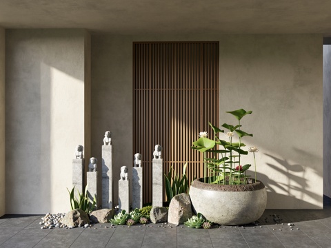 新中式风格禅意庭院景观小品组合 木屏风隔断  水缸 荷花荷叶su模型