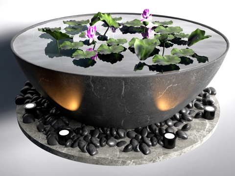 新中式水缸 中式鱼缸 荷花水缸su模型