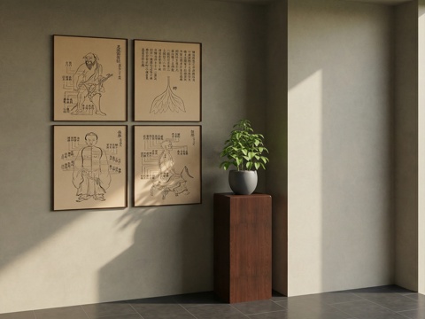 新中式挂画 养生馆挂画 理疗室挂画 中医宣传栏su模型