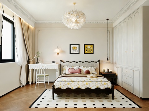  法式复古卧室 法式双人床 复古衣柜 吊灯 挂画 床头柜3d模型 