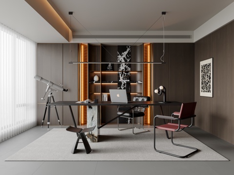 现代意式书房 书桌椅 吊灯 书柜 装饰柜 饰品摆件su模型