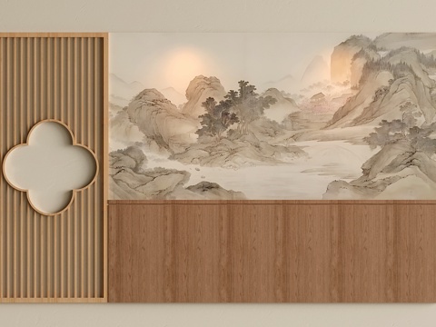 新中式沙发背景墙 山水壁画背景墙 镂空花格su模型