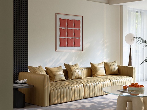  现代简约奶油风三人沙发真皮沙发家具客厅落地灯挂画3d模型 