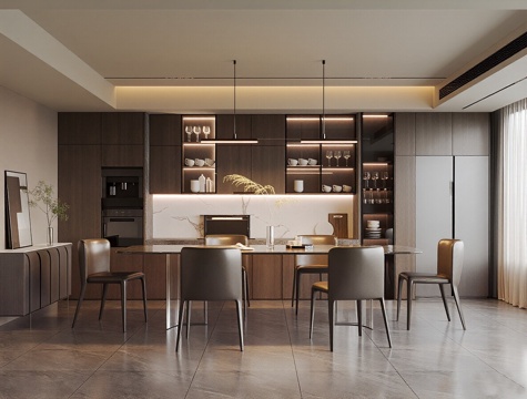  现代意式家居餐厅 餐桌椅组合 酒柜 吊灯 摆件 冰箱 电器3d模型 