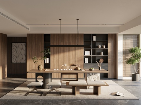 现代简约茶室_意式茶室_中式茶室_茶桌椅组合_茶室柜_植物盆su模型