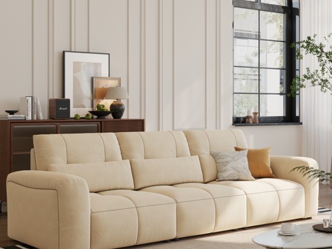  现代奶油风沙发 布艺三人位沙发 多人位沙发 直排沙发3d模型 