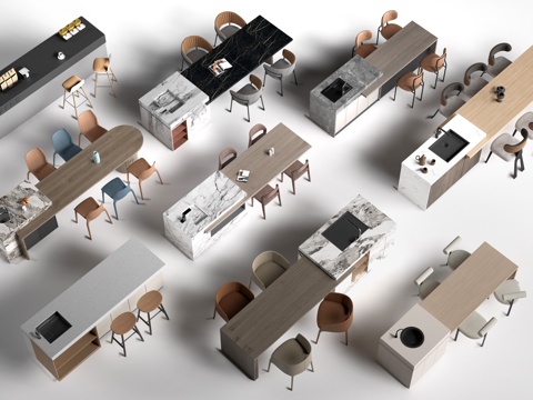 现代岛台桌椅 餐桌椅 餐厅岛台su模型