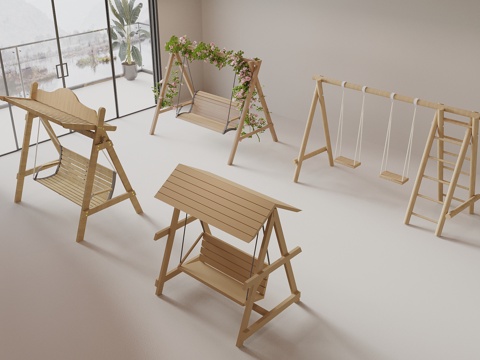  原木风秋千椅 户外秋千 休闲椅 庭院休闲椅3d模型 