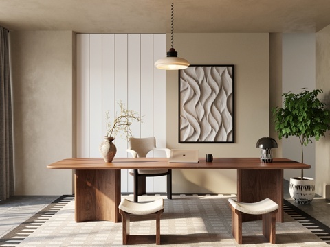 现代中古书桌椅  书房  办公室su模型su模型