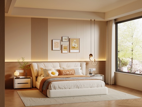 现代奶油风卧室 奶油风双人床 布艺双人床su模型