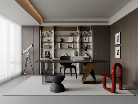 意式轻奢书房 书桌椅 书柜 装饰柜 饰品摆件3d模型