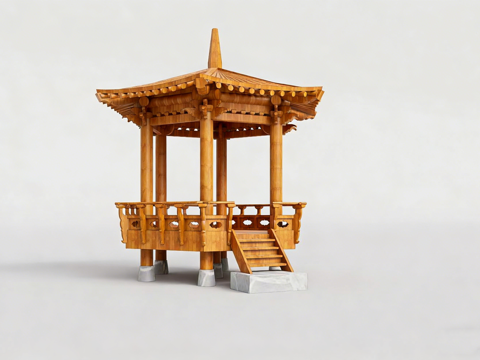 中式雕花围栏凉亭 传统木楼梯 屋顶瓦片 木柱 古建su模型