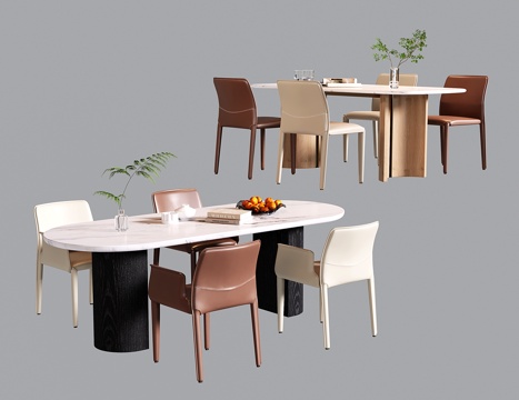 现代餐桌椅 大理石长餐桌 餐椅su模型