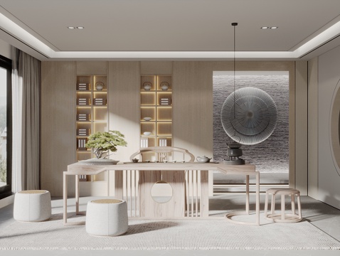  宋式新中风茶室 茶桌椅组合 茶柜 茶台 茶具3d模型 