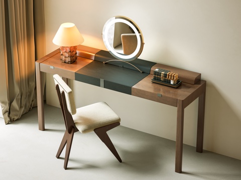  现代中古梳妆台 梳妆椅 化妆镜 妆台妆凳组合 中古边几 中古su模型 